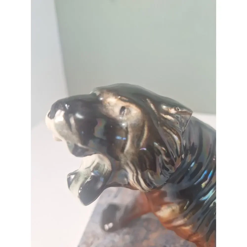 Vintage Mid Century Roaring Tiger Figurine Ceramic Black Brown Drip Glaze Japan